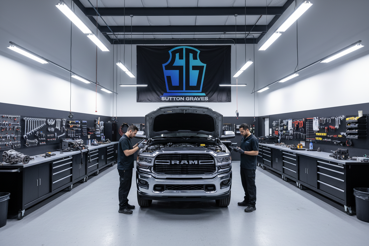 Sutton Graves garage with branded logo