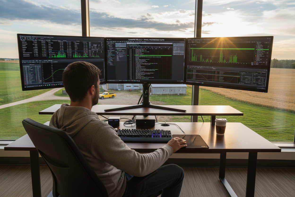 Tuner at workstation with countryside background